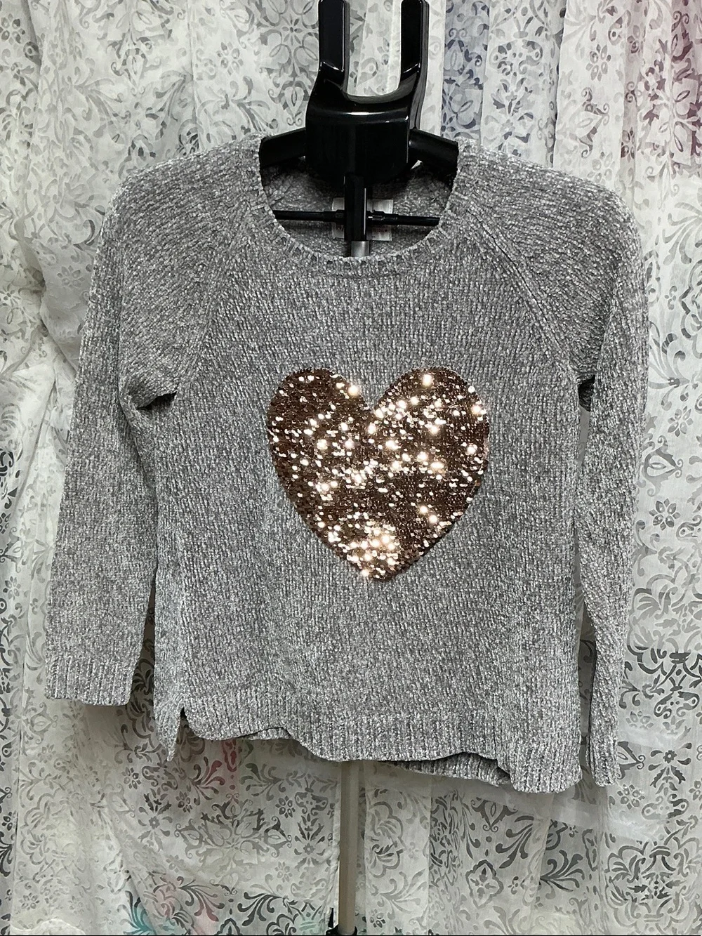 ❤️ Justice 14-16 Gray Chenille Crewneck Sweater with Rose Gold Flip Sequin Heart